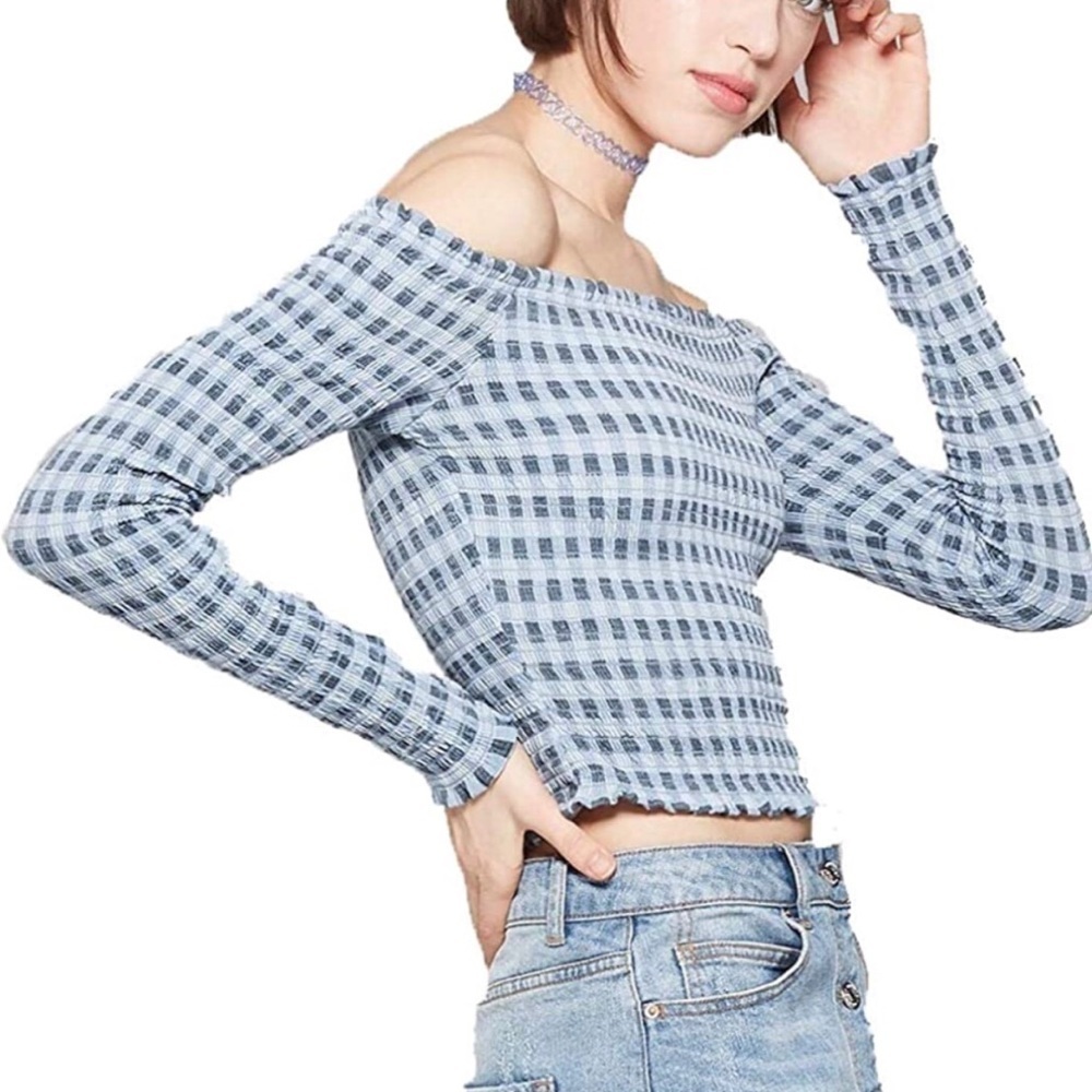 Wild Fable Blue Gingham Print Smocked Cropped Top